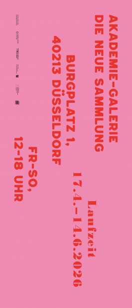 Vertikaler Text auf rosa Hintergrund: Ausstellungsort und Ausstellungsdauer